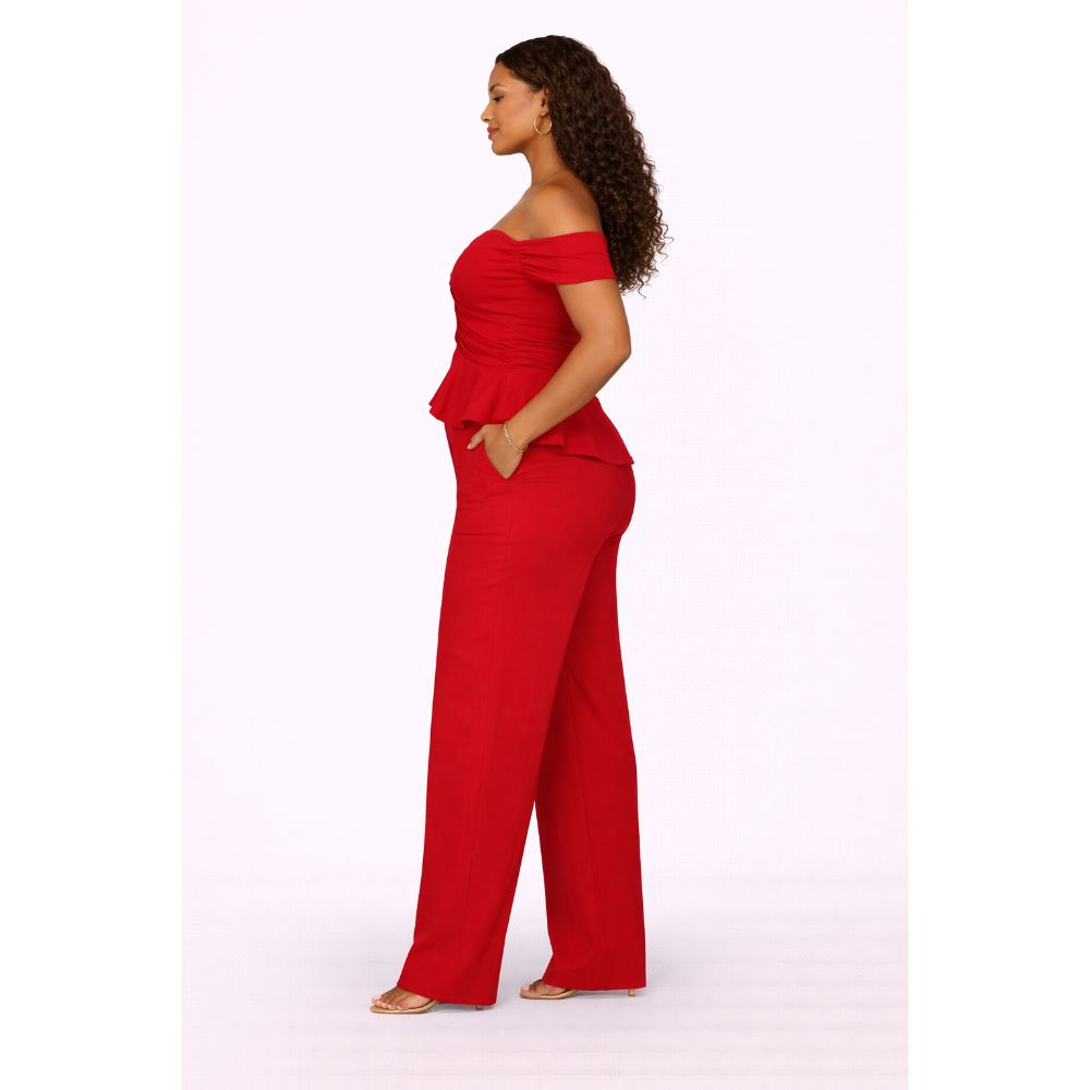 Elegant Red Ruched Strapless Jumpsuit